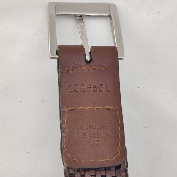 Woven genuine Leather Belt Sz 40 in Brown Square Buckle Heel Prong Silver Metal - Picture 2 of 5